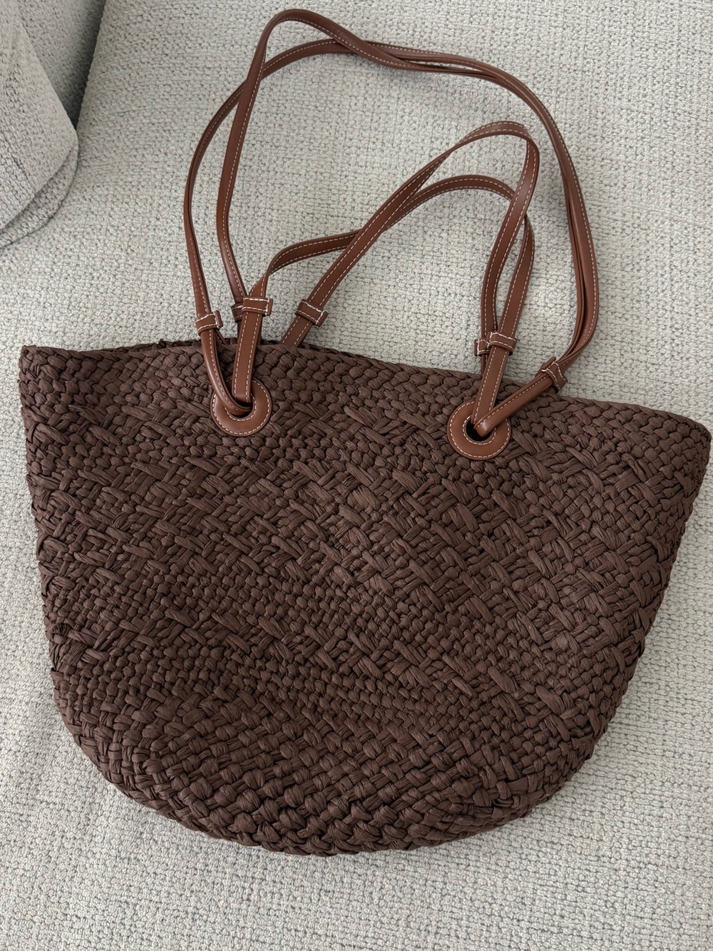 Woven Straw Tote Bag with Brown Leather Handles - Natural / Dark Brown - Picture 6 of 6